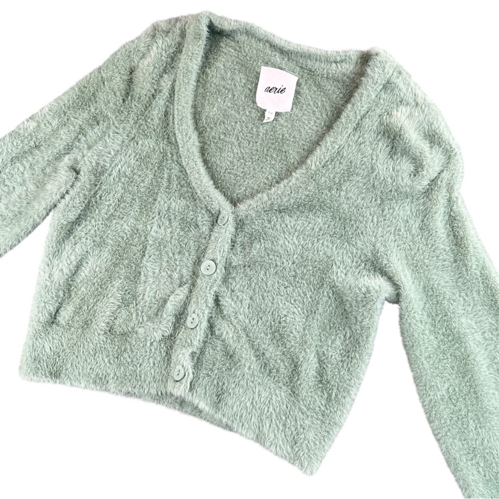 Aerie Women’s Ultra-Soft Fuzzy Cropped Cardigan In Garden Green Size Small - Picture 3 of 8